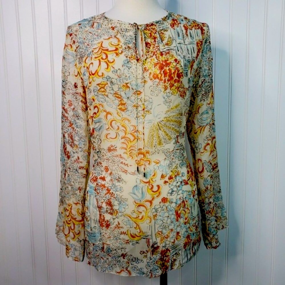 CAbi Sheer Silk Beaded Floral Long Sleeve Tunic Blouse Small - Picture 2 of 5